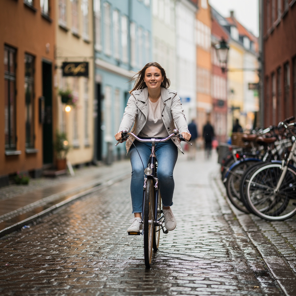 Woman cycling through a Copenhagen street