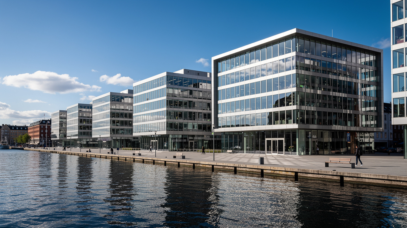 Modern glass architecture in a Copenhagen waterfront district