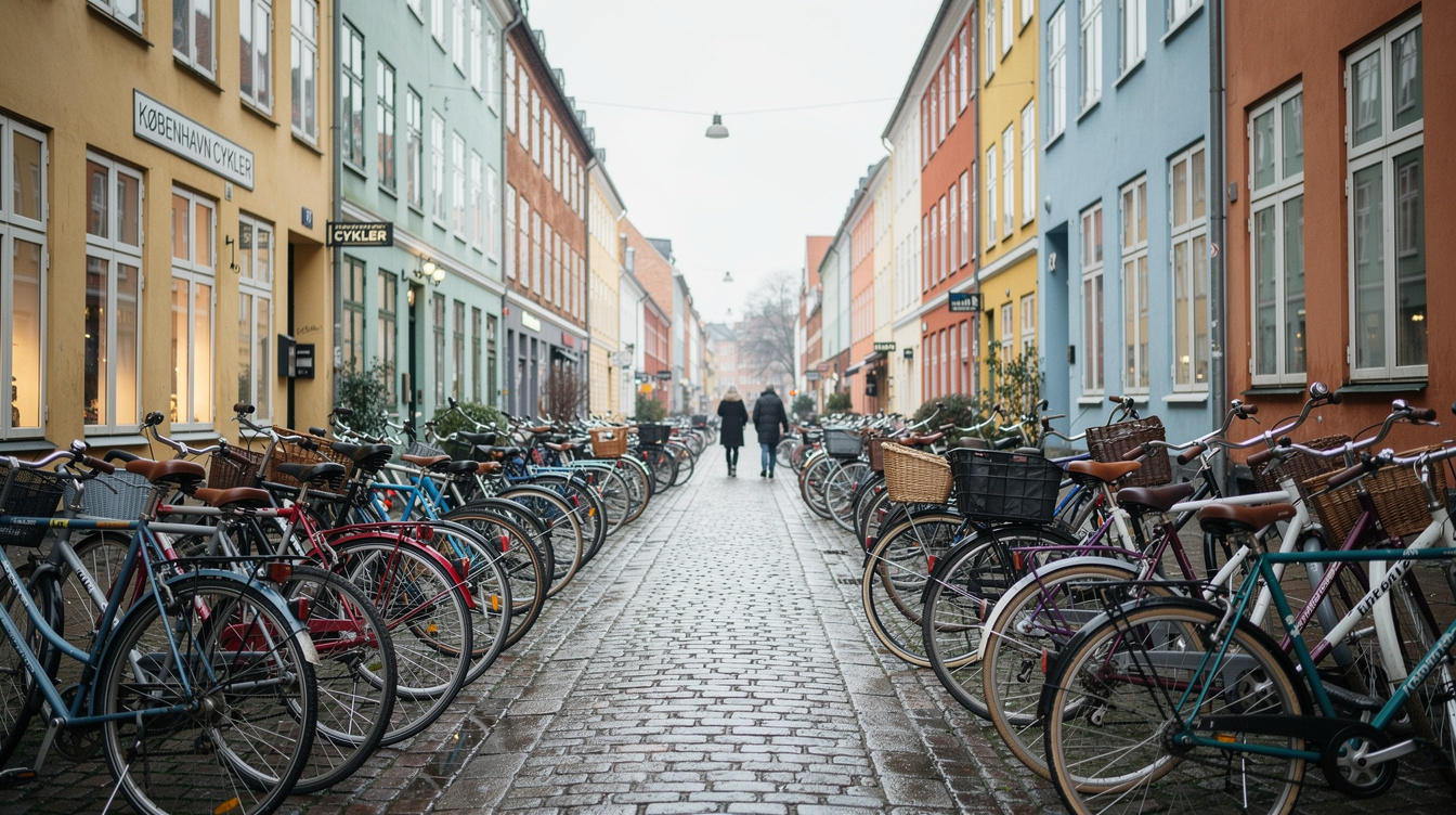 Rows of bicycles parked on a Copenhagen street